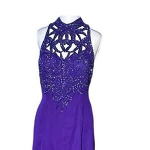 Rare Vintage 90’s Purple Beaded Sequin Halter Cutout Formal Size 12 Prom Dress